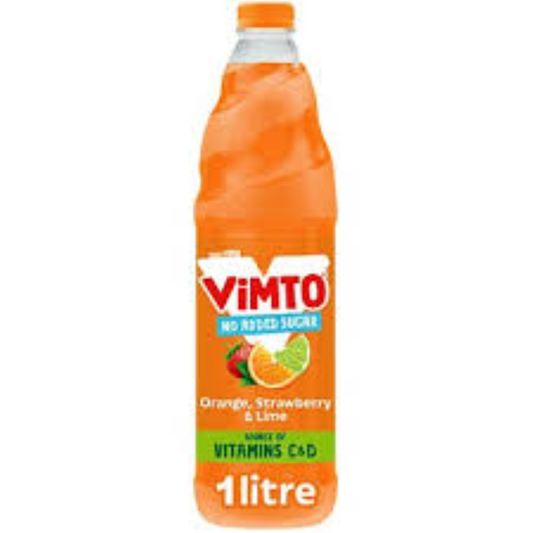 VIMTO REAL FRUIT SQUASH ORANGE,STRW,LIME S/F 1LT